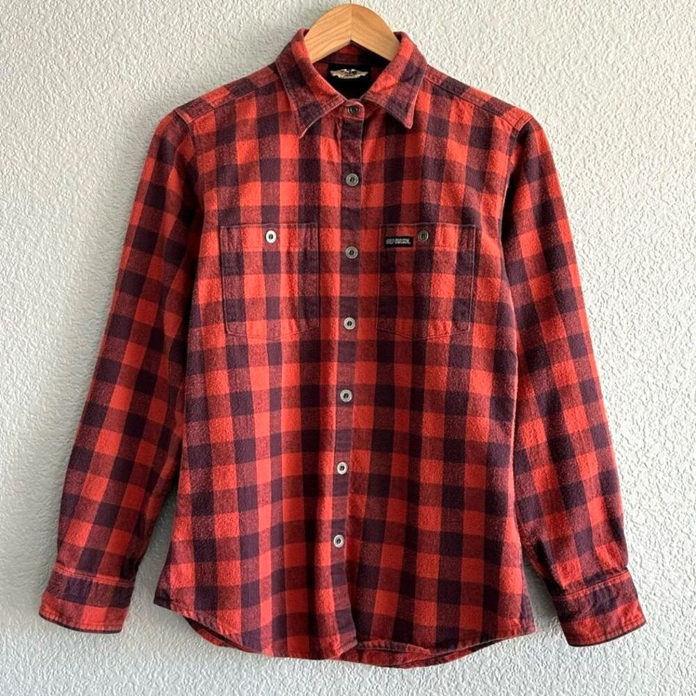 Harley Davidson Plaid Flannel Button Up Shirt Women’s Small Collared Shacket